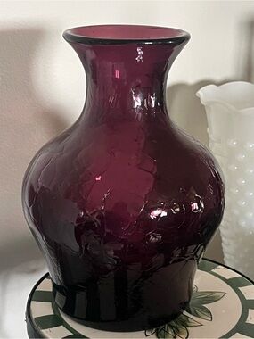 Blenko Amethyst Crackle Glass Vase 7.25”